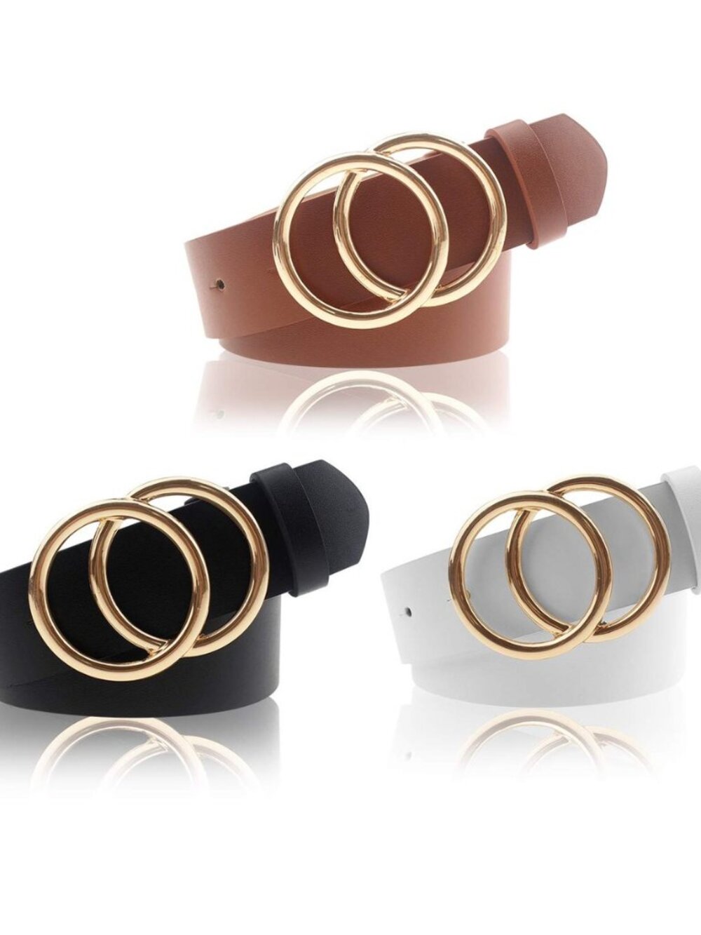Women's PU Leather Belt Double O Ring Soft Faux Leather Waist Belt